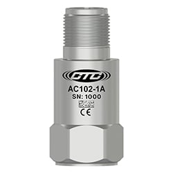 A stainless steel AC102 top exit, standard size industrial vibration sensor engraved with the CTC Line logo, part number, serial number, and CE and UKCA markings.